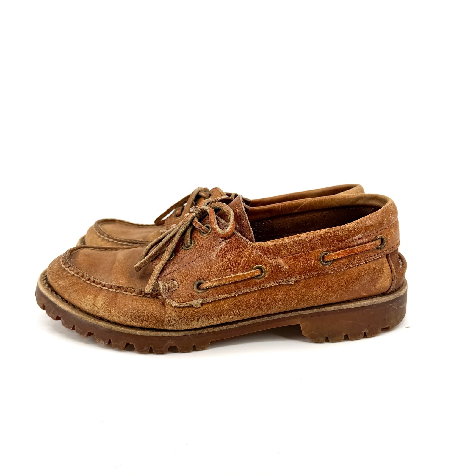 Vintage 90s Backroads Tan 100% Genuine Leather Rugged Lug Sole Loafers