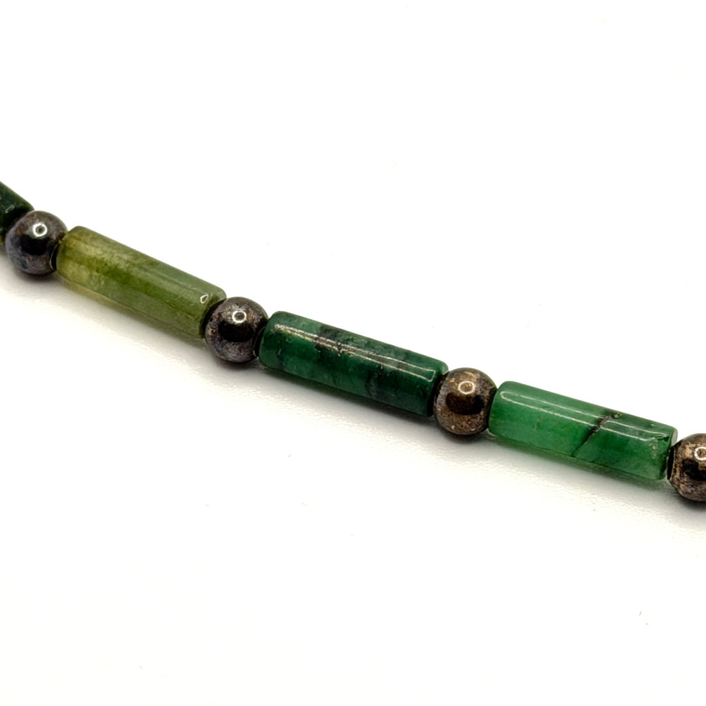 Vintage 90s Green Nephrite Jade Sterling Silver Tube Bead Toggle Necklace
