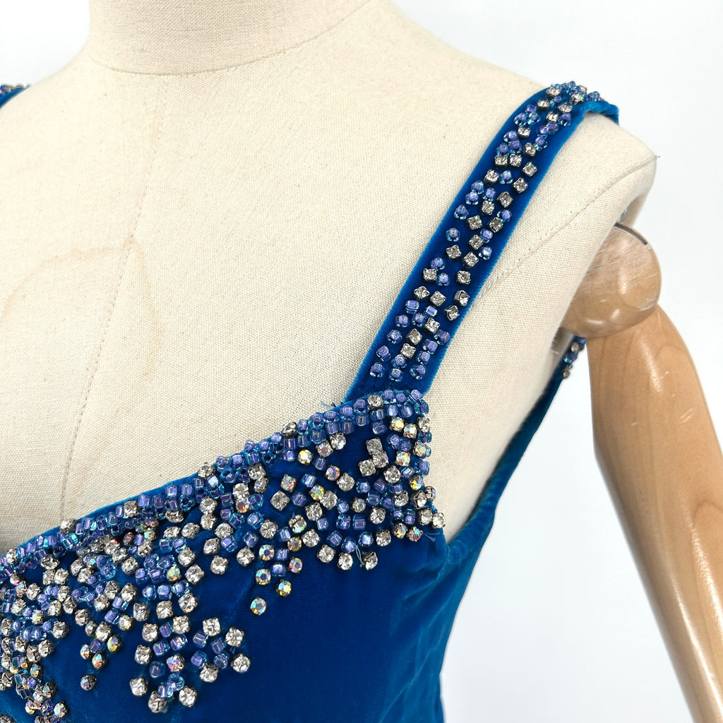Vintage 50s Jovani Blue Velvet Rhinestone Beaded Evening Gown Dress
