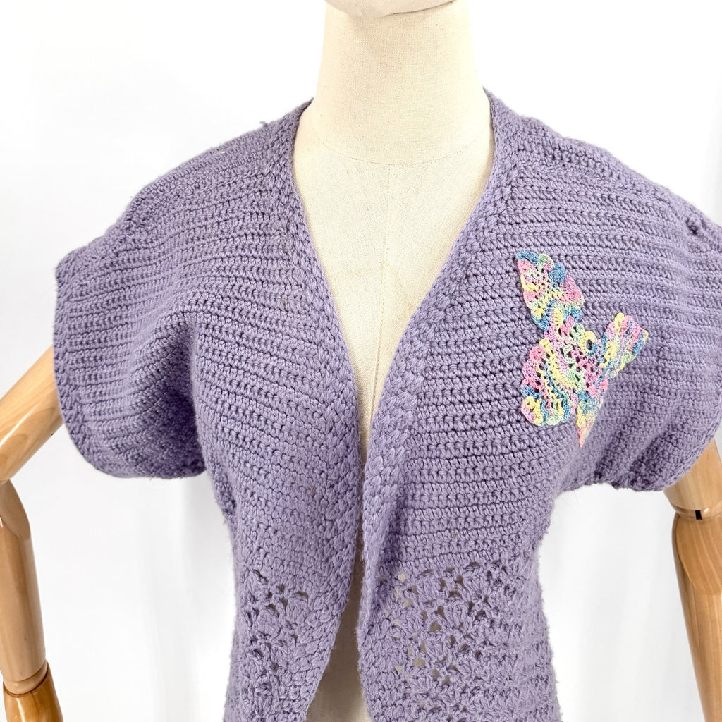 Vintage 70s Handmade Purple Crochet Lace Butterfly Applique Cardigan