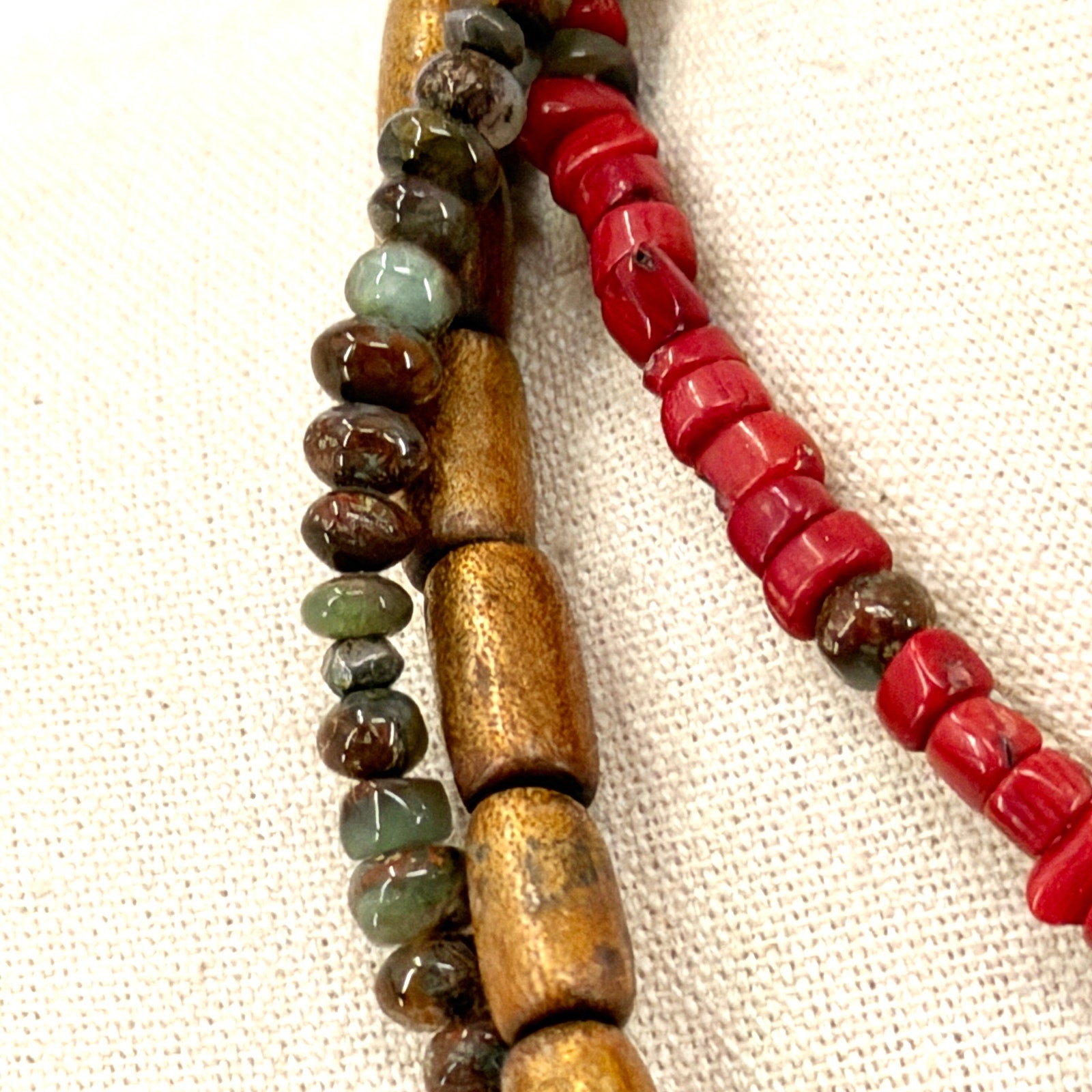 Vintage Y2K Red Coral Unakite Wood Multi Strand Toggle Necklace