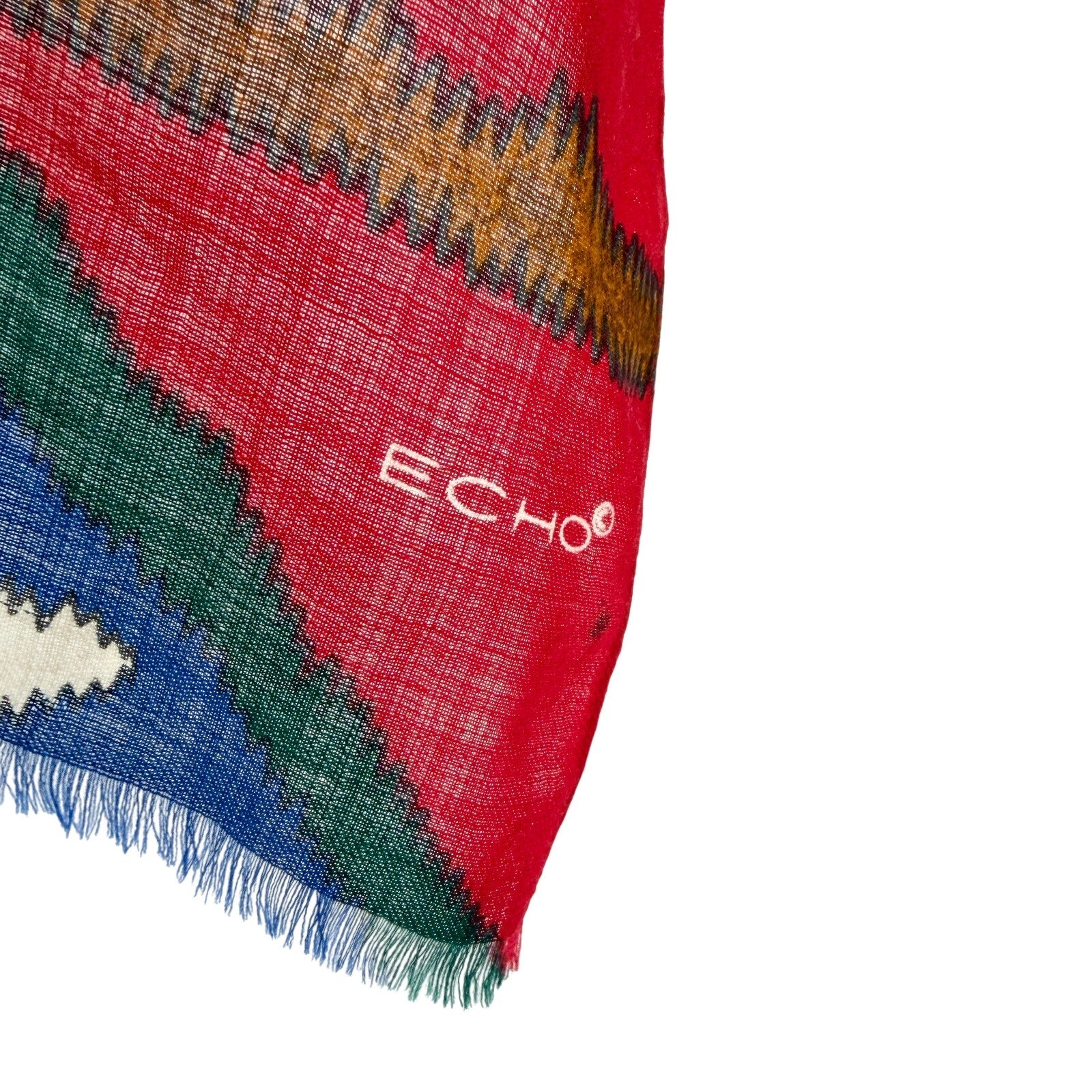 Vintage 80s Echo Red Aztec 100% Wool Southwestern Fringe Oblong Scarf