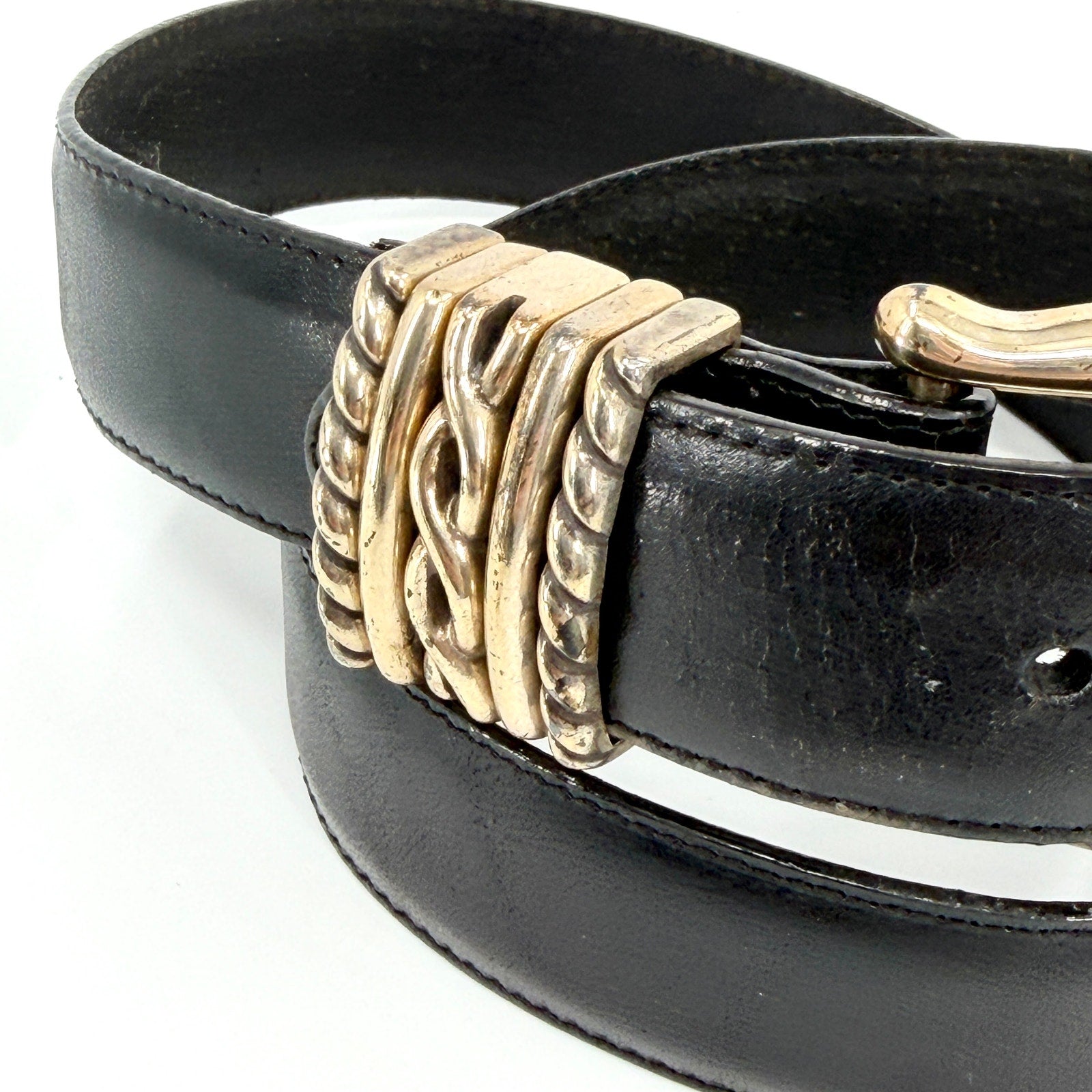 Vintage 90s Brighton Black Genuine Leather Silver Buckle Belt