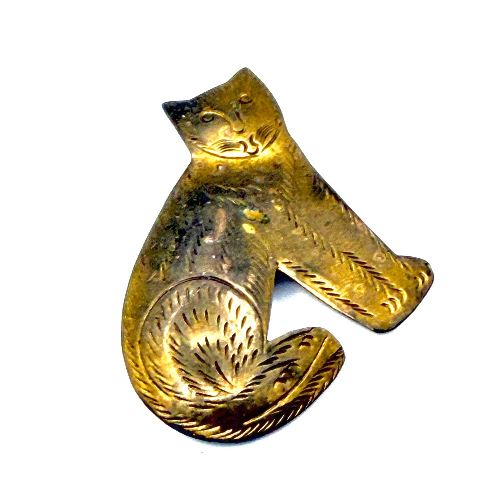 Vintage 80s Brass Etched Sitting Cat Silhouette Figural Brooch Pin