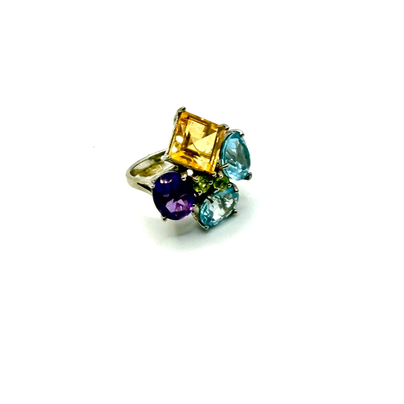 Vintage Y2K Sterling Silver Topaz Amethyst Gemstone Cluster Statement Ring