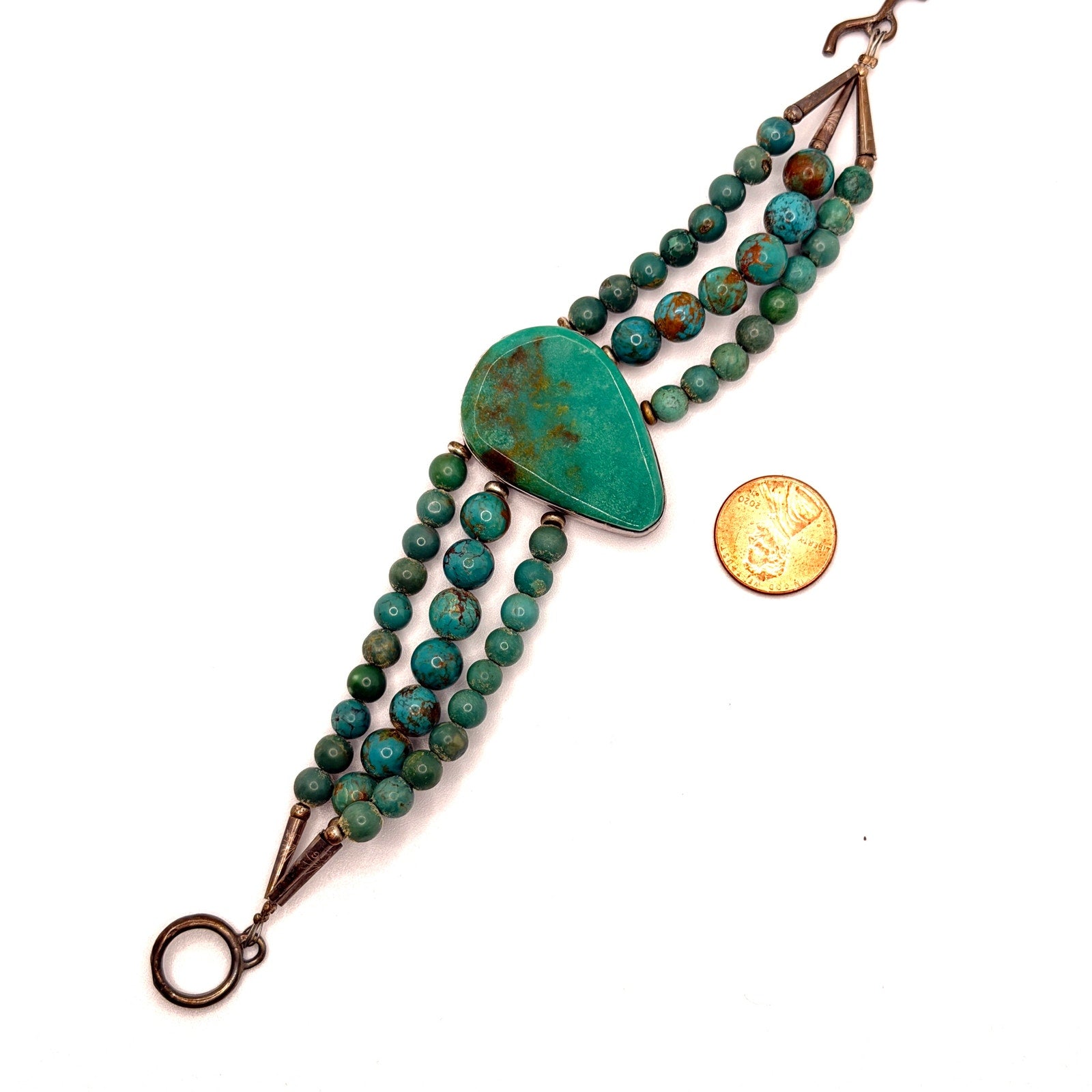 Vintage 90s Stamped Sterling Silver Blue Green Turquoise Triple Strand Bracelet