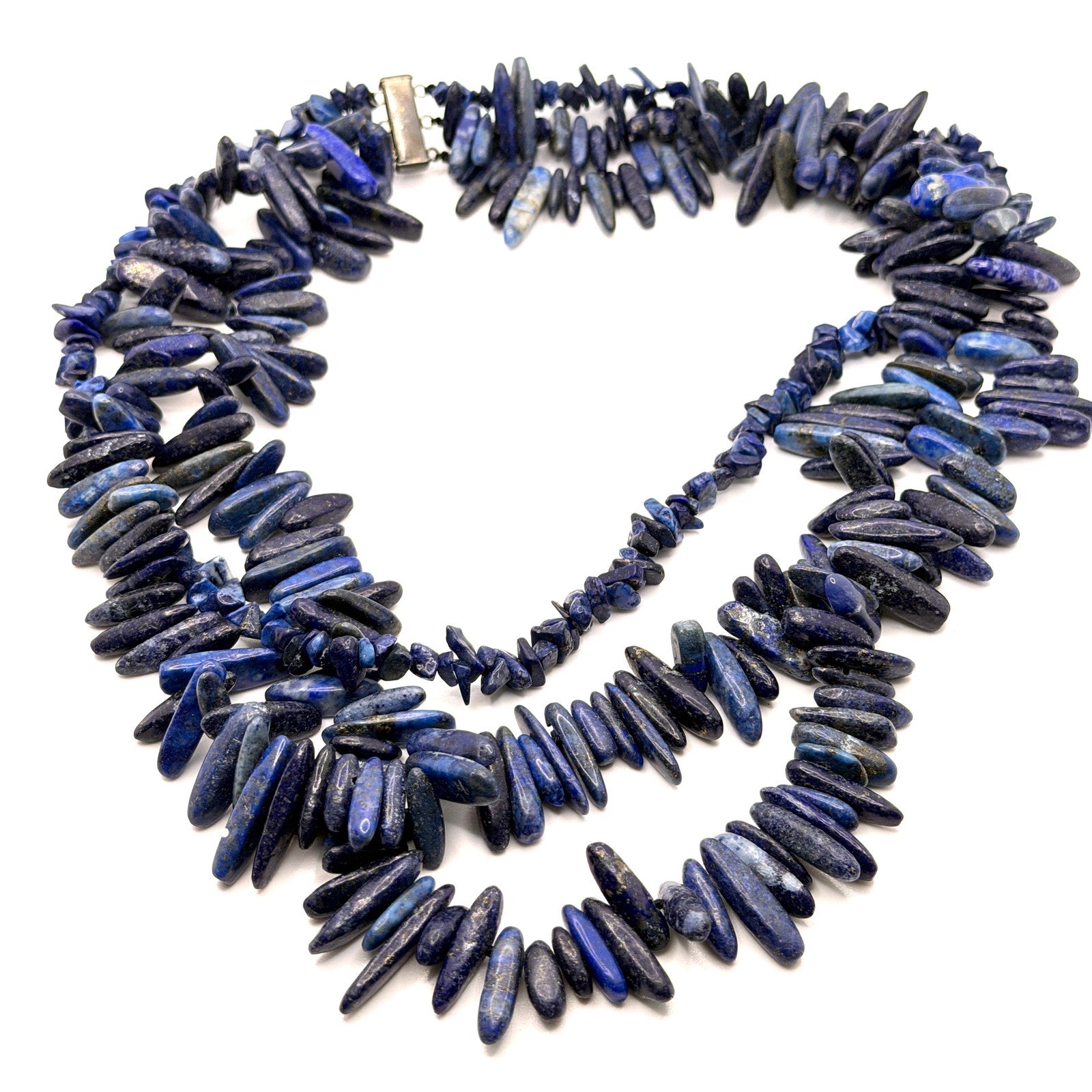 Vintage 90s Blue Lapis Lazuli Western Triple Strand Tusk Necklace