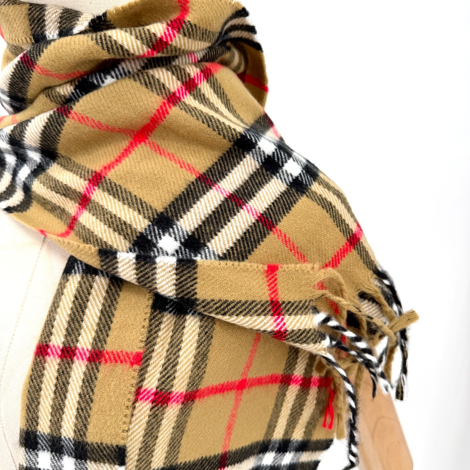 Vintage 90s Tan Red Tartan Wool Cashmere Winter Scarf