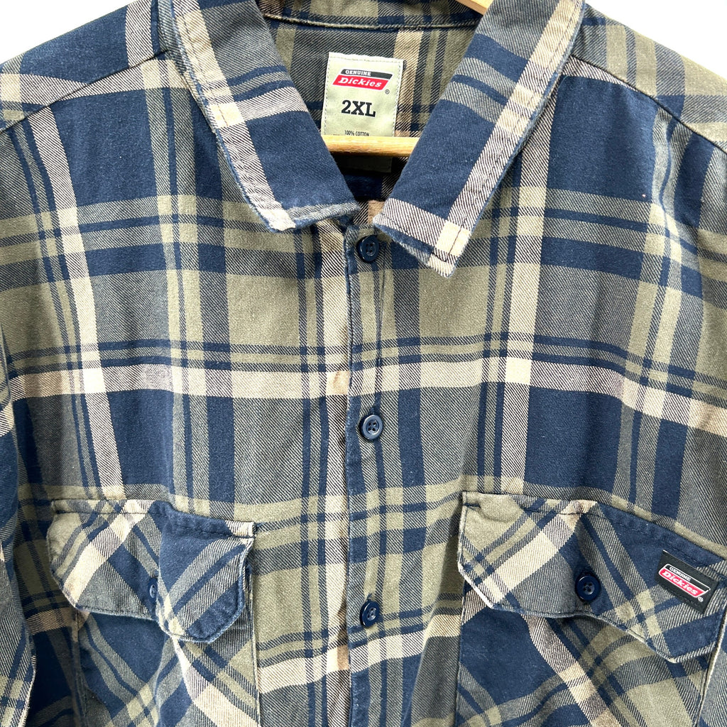 Dickies Green Blue Plaid 100% Cotton Workwear Flannel Shirt