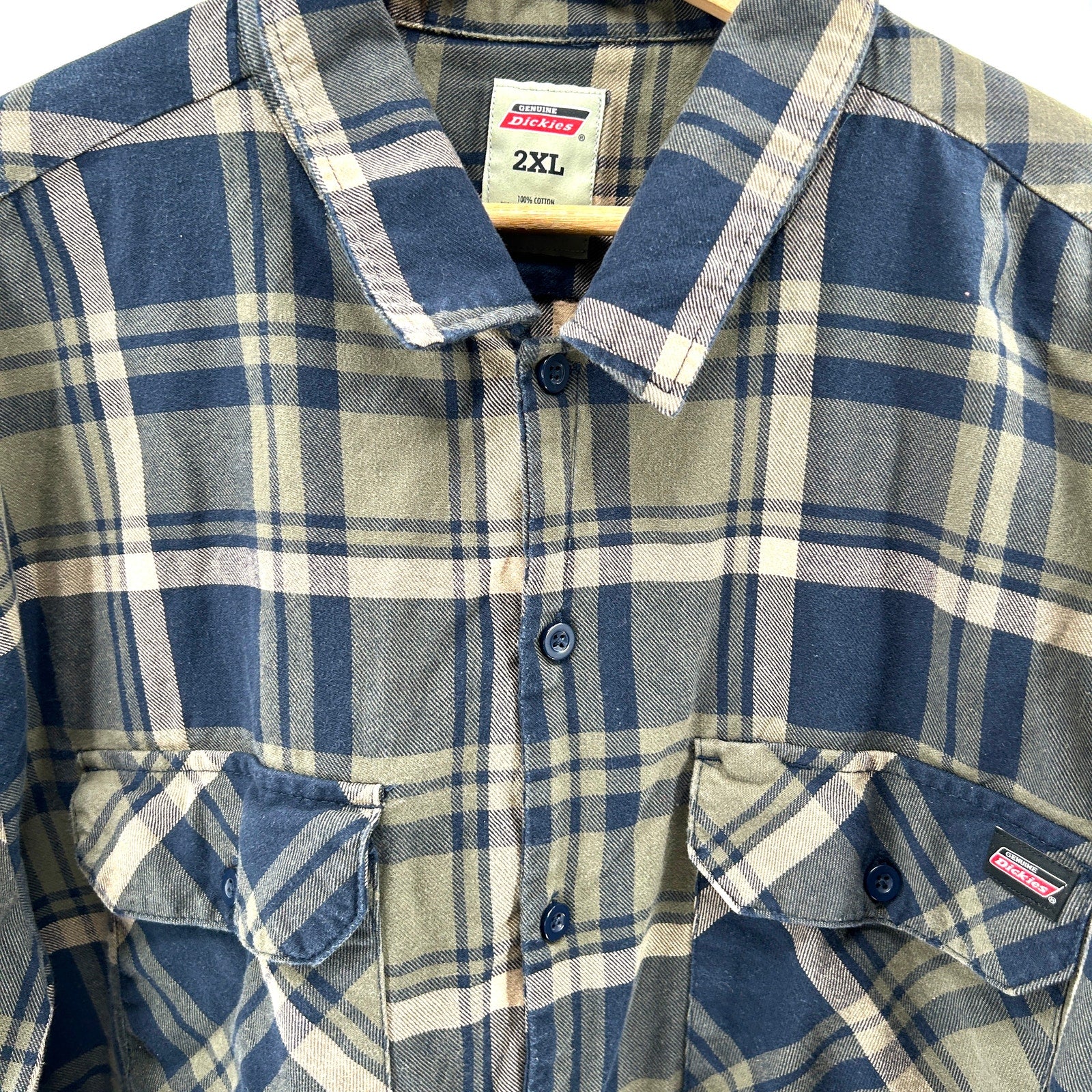 Dickies Green Blue Plaid 100% Cotton Workwear Flannel Shirt