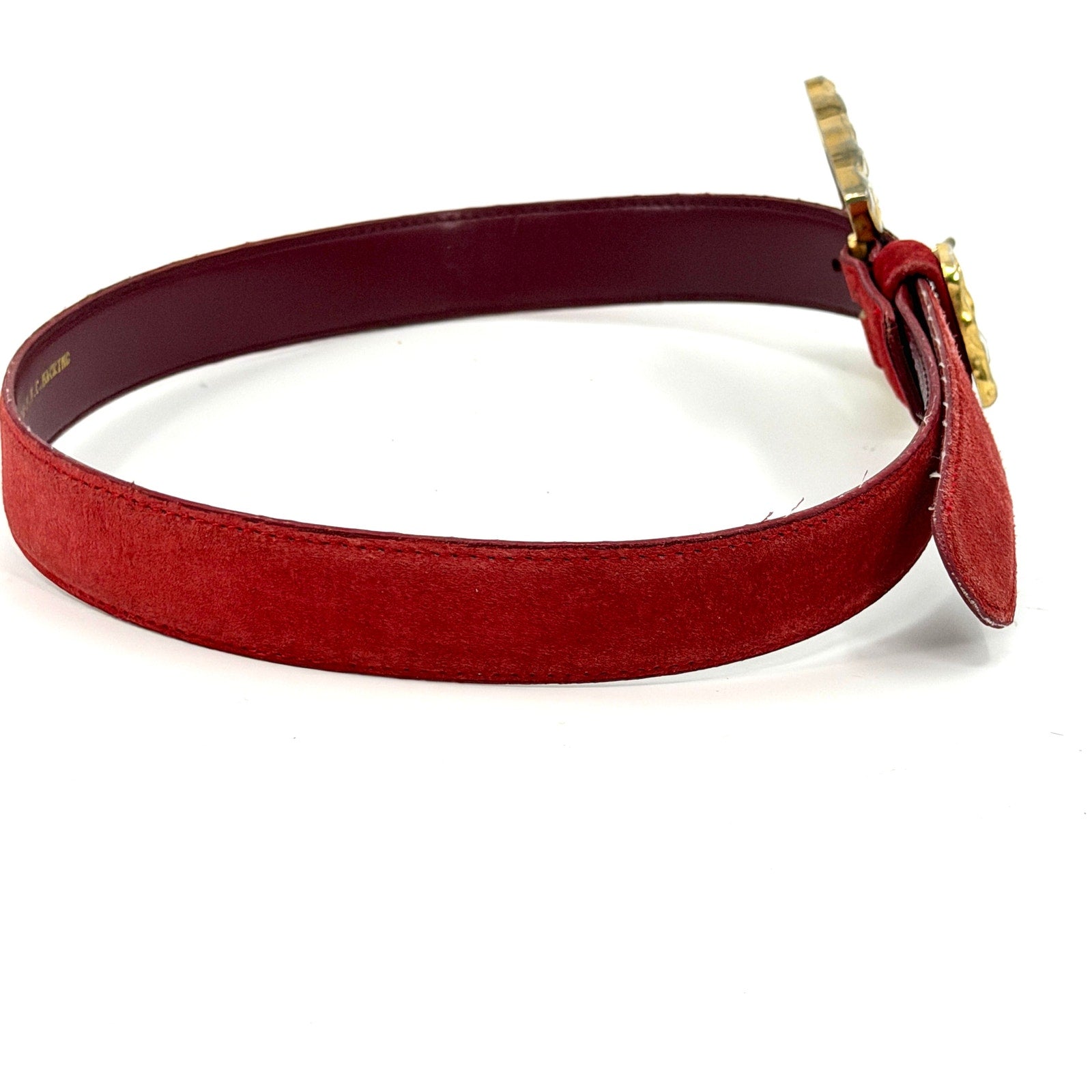 Vintage 90s Red Genuine Suede Rhinestone Buckle Statement Belt