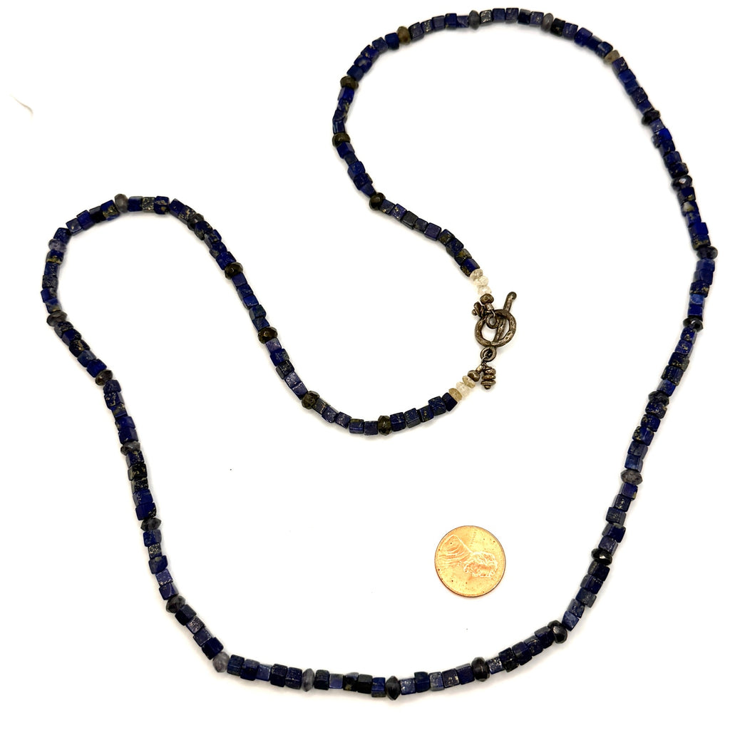 Vintage 90s Sterling Silver Lapis Lazuli Cube Beaded Statement Necklace