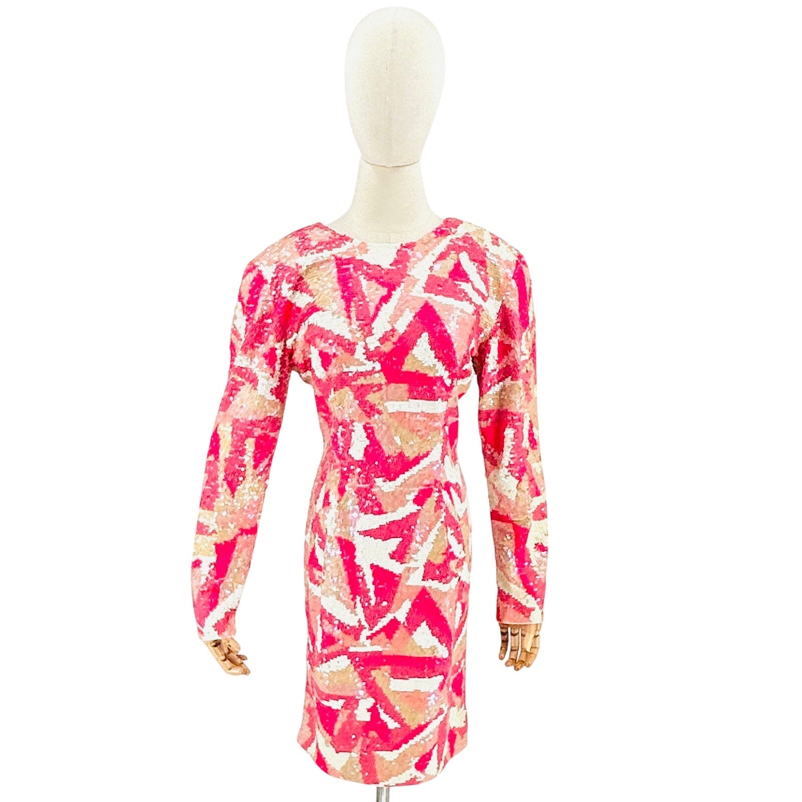 Vintage 80s Lillie Rubin Pink White Geometric Sequin V-Back Mini Dress