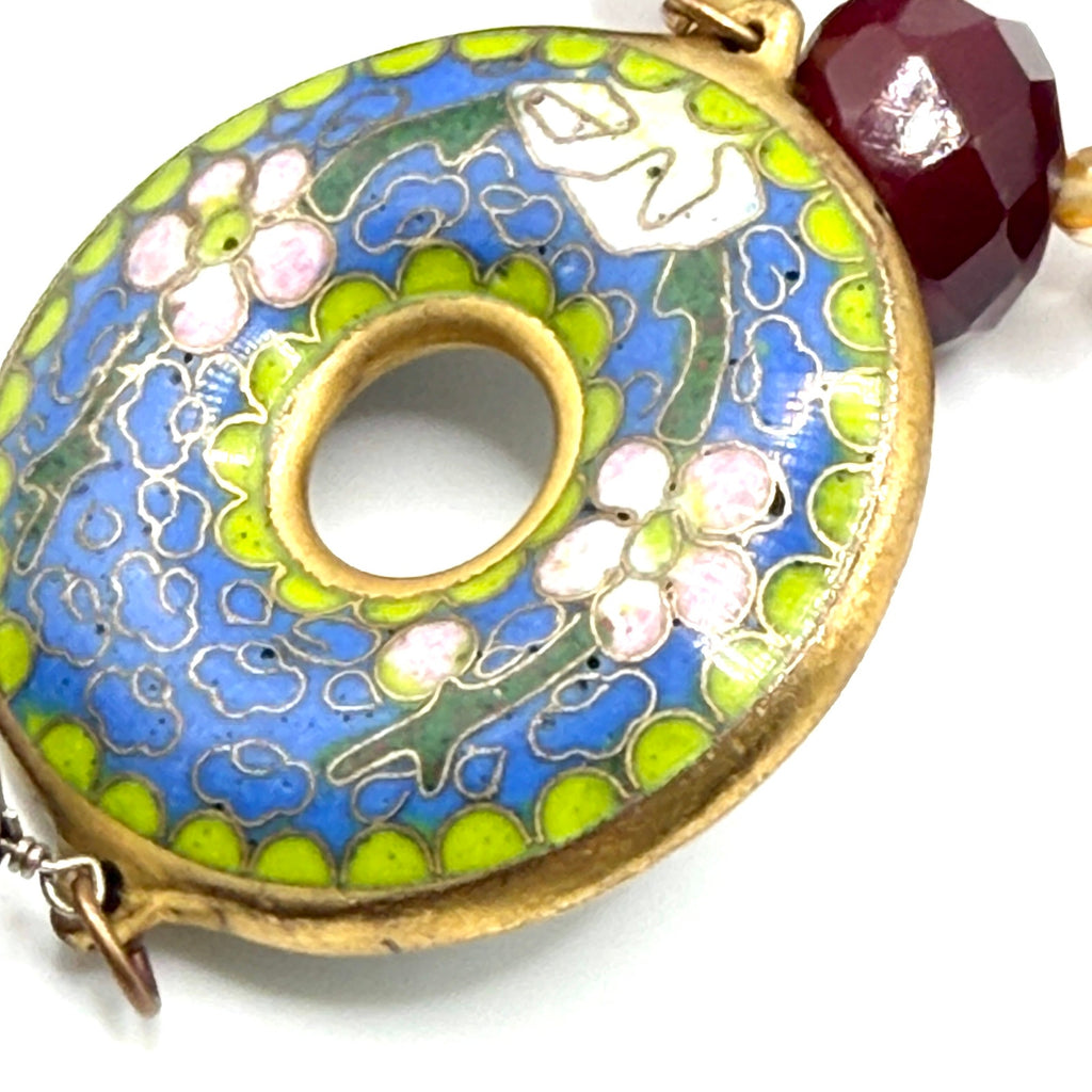Red Garnet Chinese Cloisonne Enamel Donut Boho Necklace