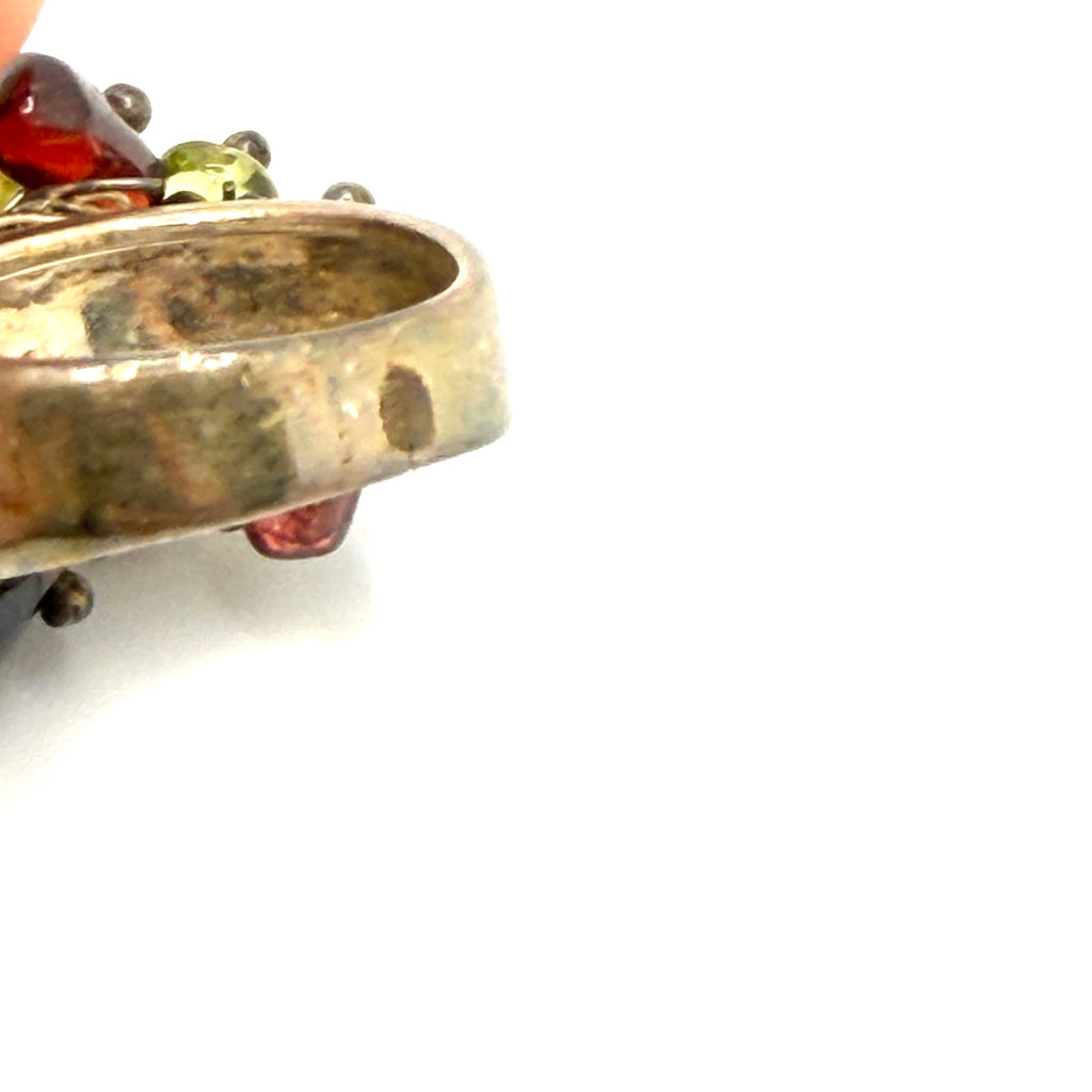 Vintage Y2K Sterling Silver Stamped Multi Gemstone Peridot Garnet Cluster Ring