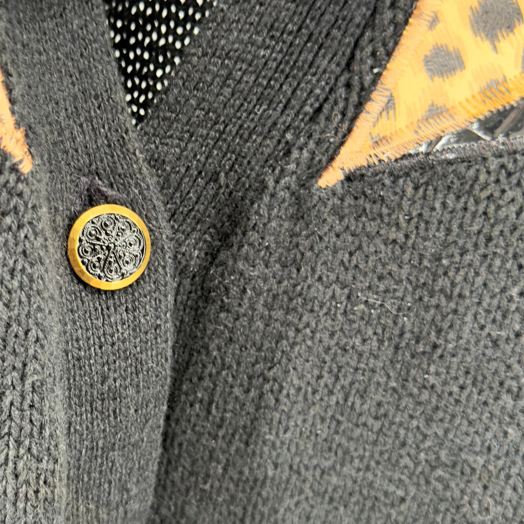 Vintage 90s Jordache Studio Black Leopard Print Vinyl Trim Cardigan Sweater