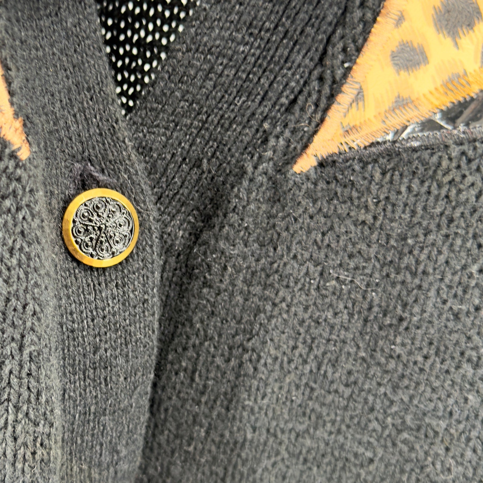 Vintage 90s Jordache Studio Black Leopard Print Vinyl Trim Cardigan Sweater