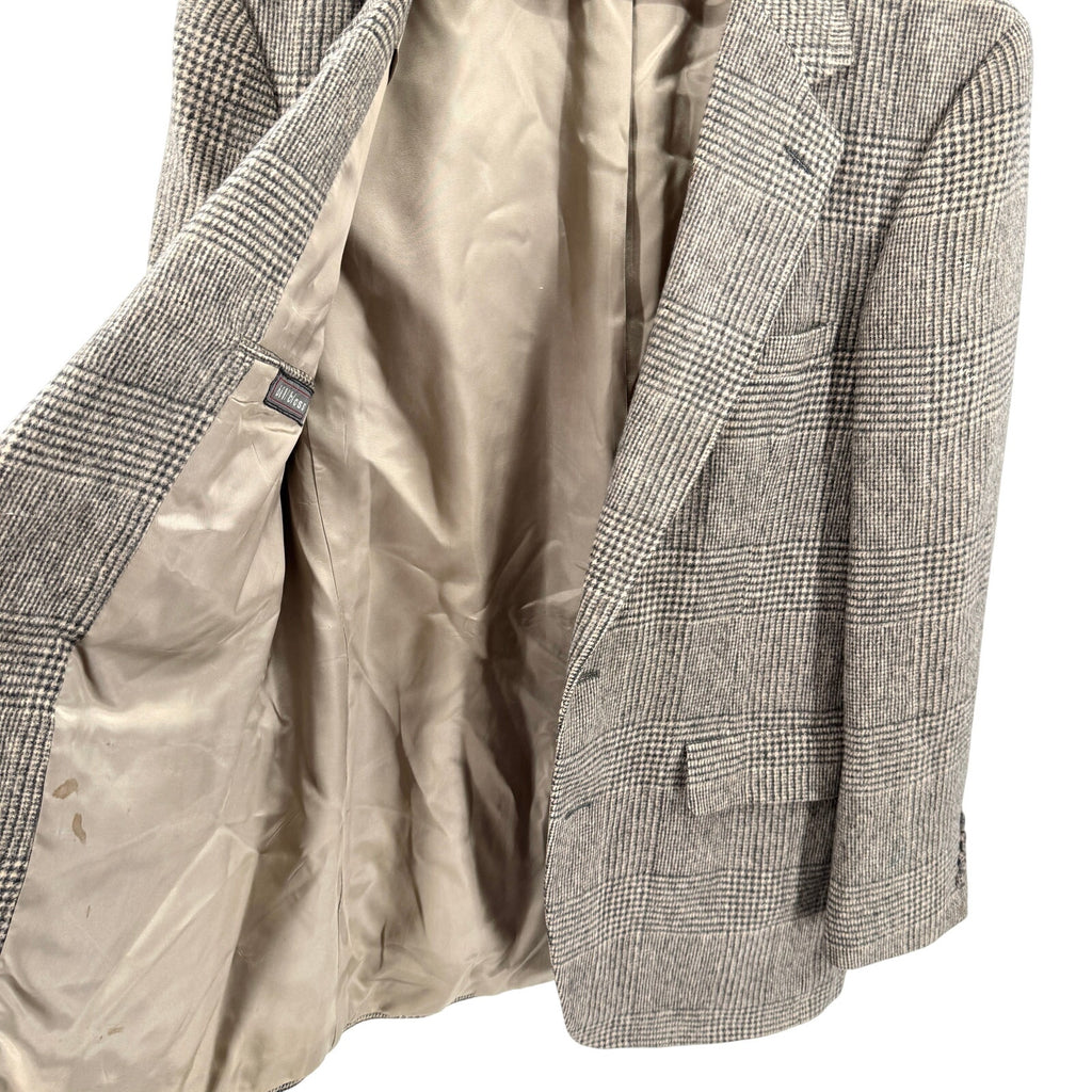 Vintage 80s Bill Blass Beige Black Plaid 100% Camel Hair Preppy Blazer