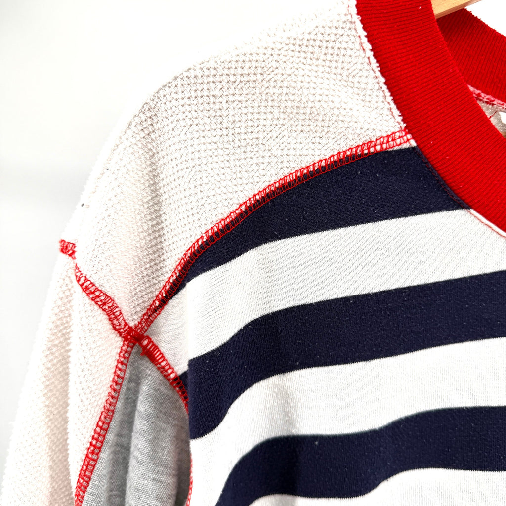 Vintage 90s Folette Navy White Stripe Red Trim Long Sleeve Sport Shirt