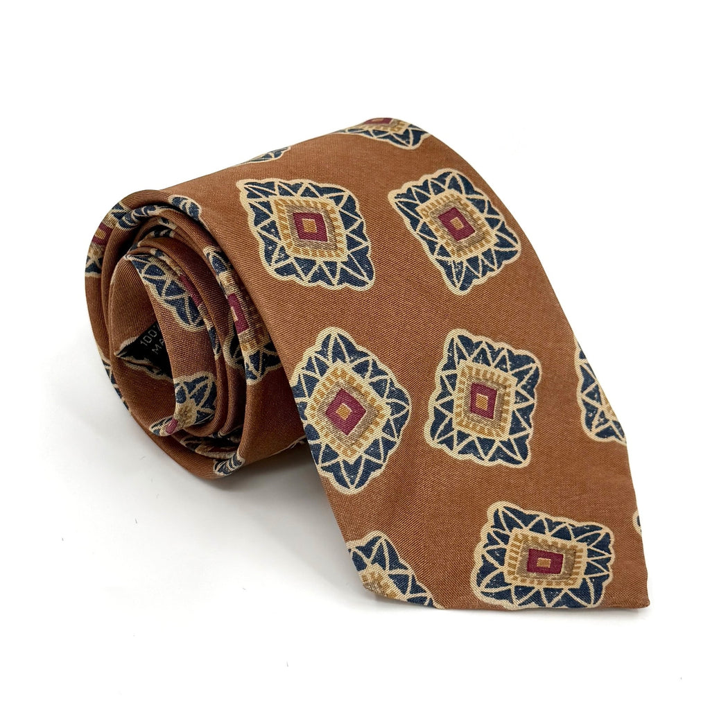 Vintage 90s Accents by Isaac Zelcer Beige Geometric 100% Silk Abstract Necktie