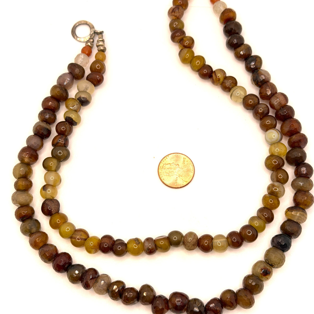 Vintage 90s Multi Earth Tone Agate Sterling Silver Stamped Two Strand Necklace