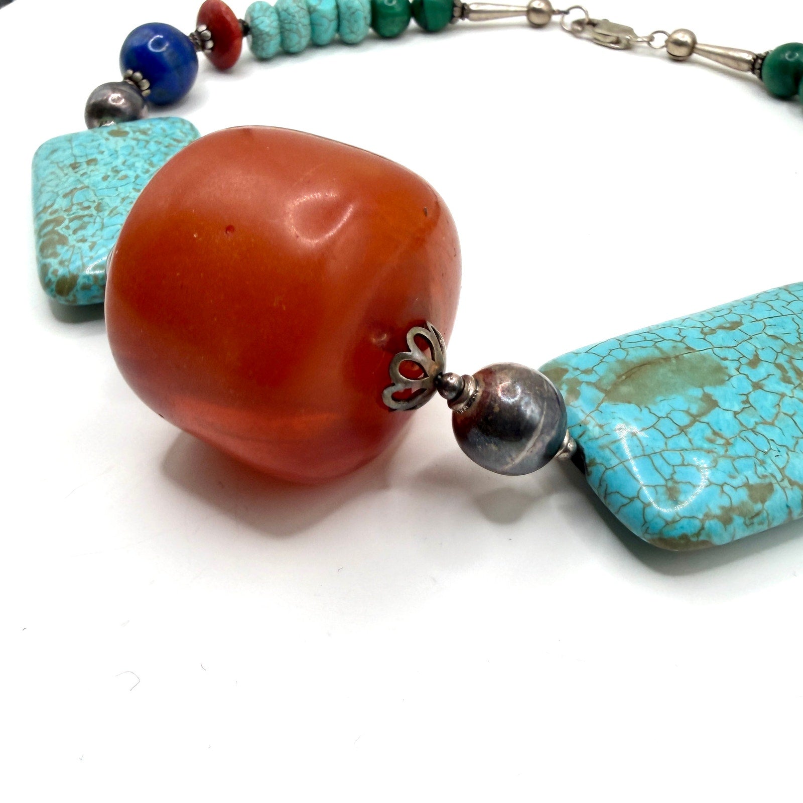 Vintage 90s Southwestern Sterling Turquoise Genuine Amber Necklace