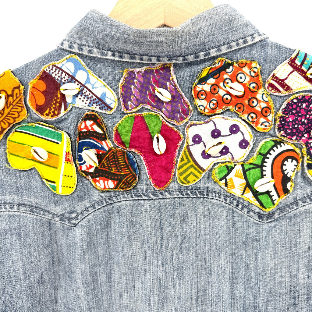 Vintage 90s Custom Denim Patchwork African Wax Print Long Sleeve Shirt