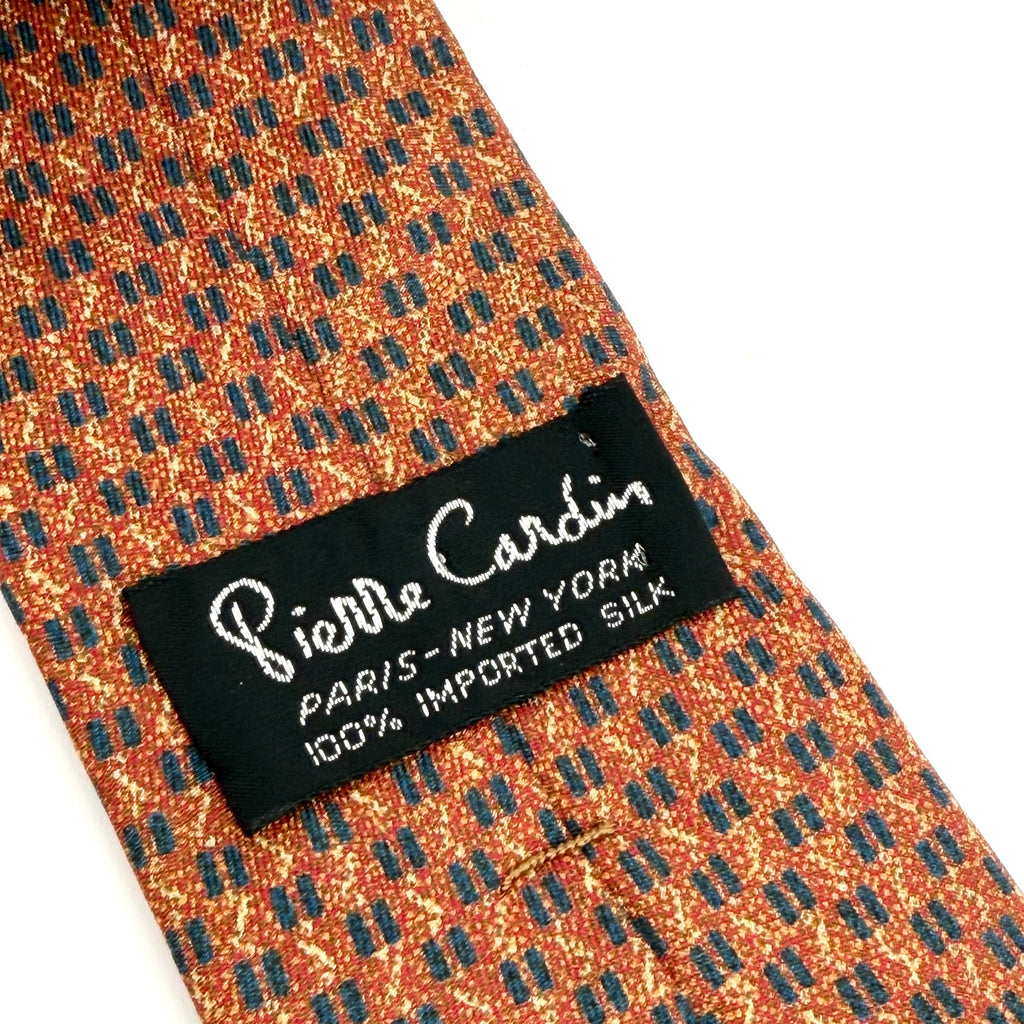 Vintage 90s Pierre Cardin Rust Blue 100% Silk Geometric Dash Pattern Tie
