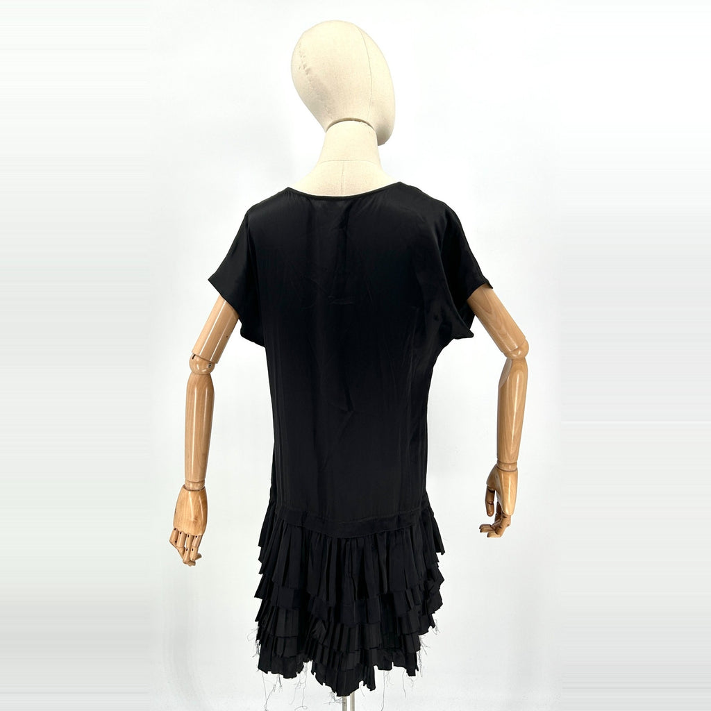 Haute Hippie Black 100% Silk Satin Drop Waist Tiered Ruffle Mini Dress