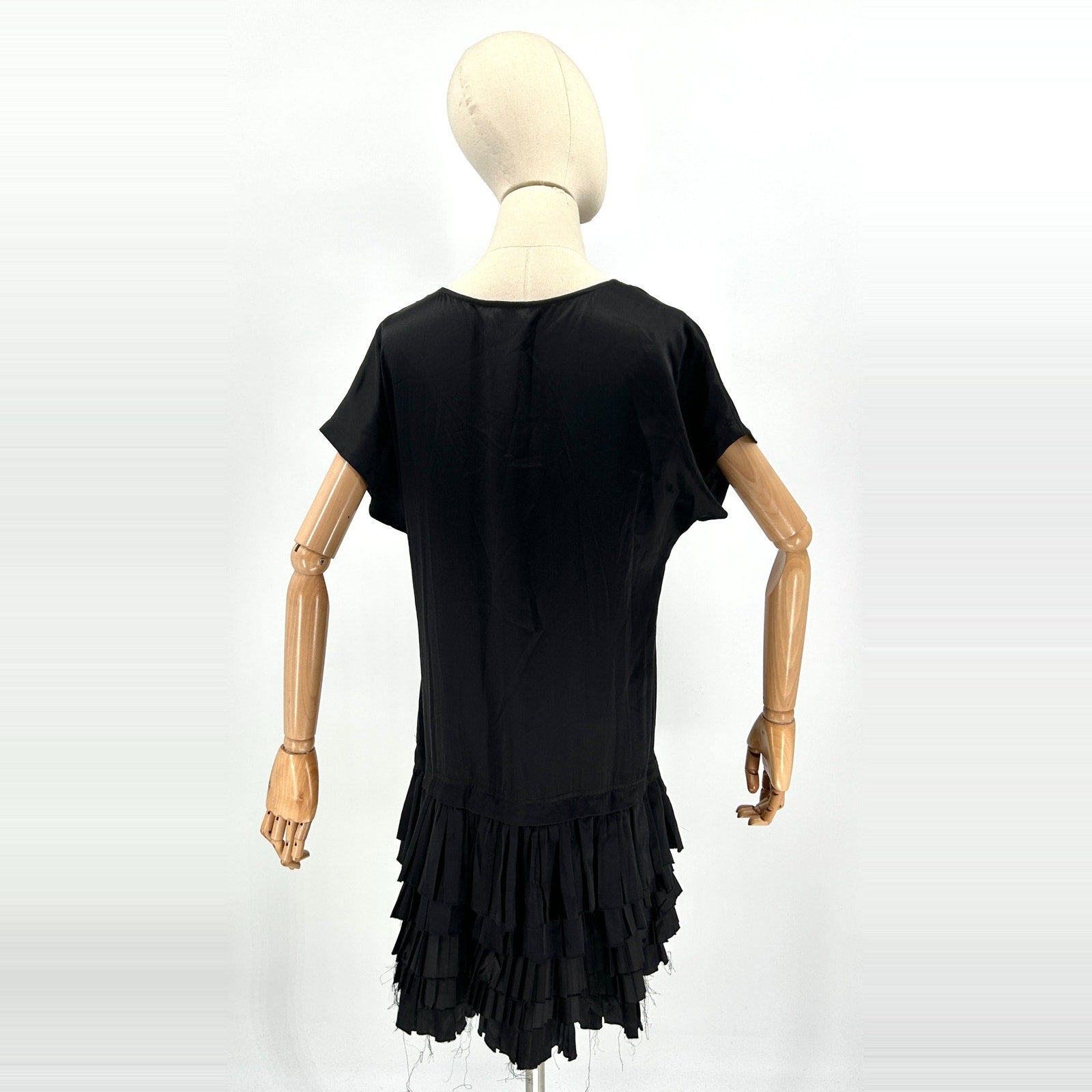 Haute Hippie Black 100% Silk Satin Drop Waist Tiered Ruffle Mini Dress