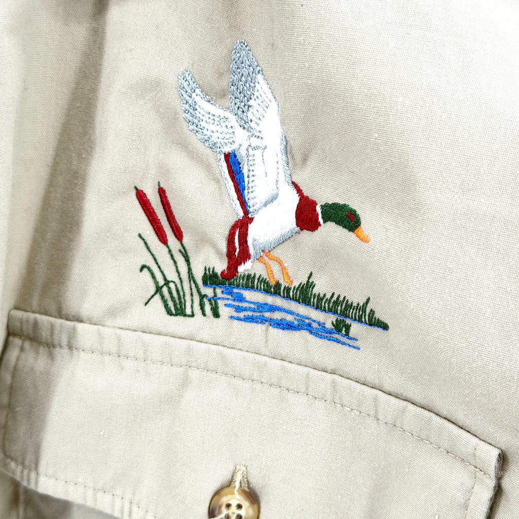 Vintage 80s Tan Genuine Suede Patch Embroidered Duck Hunting Utility Shirt