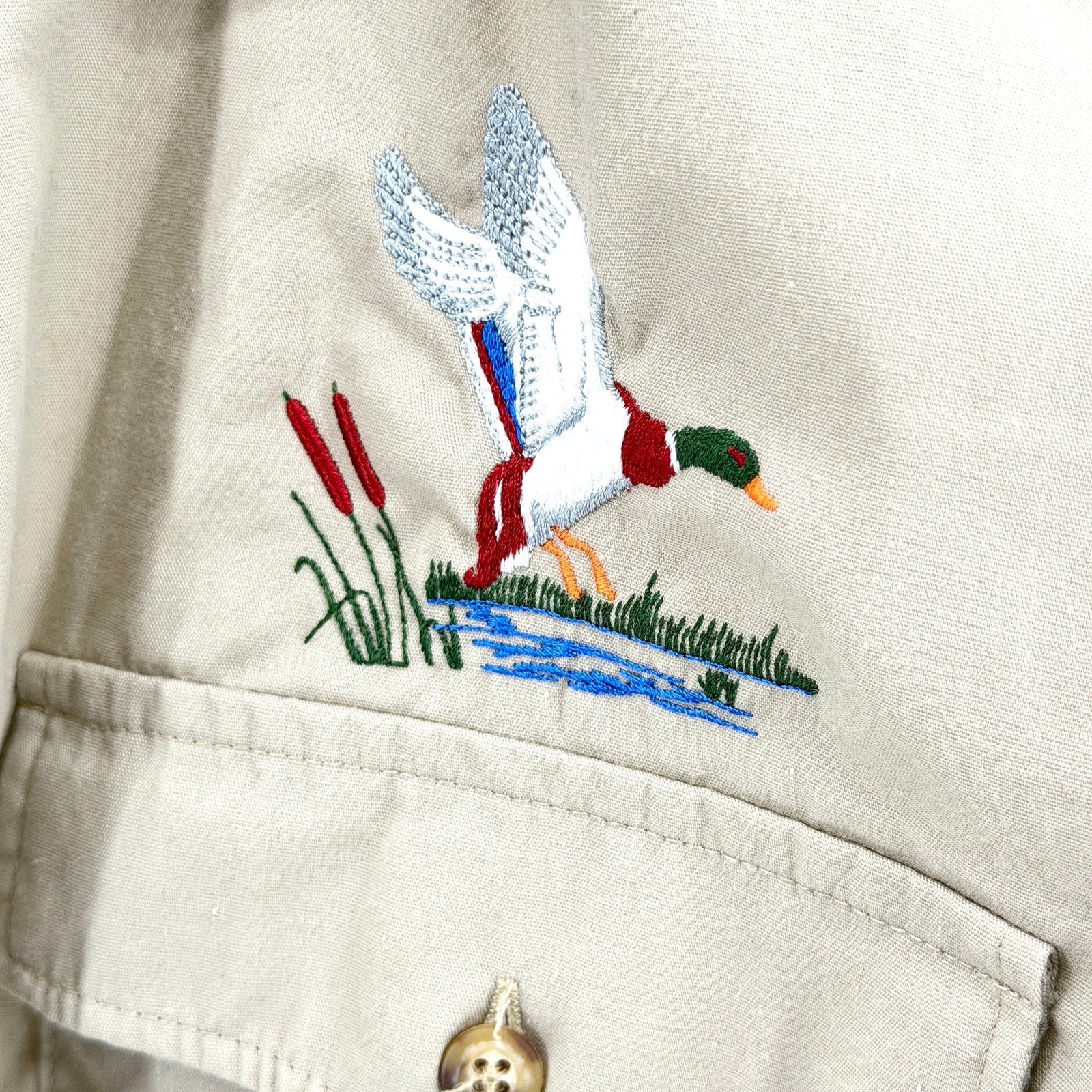 Vintage 80s Tan Genuine Suede Patch Embroidered Duck Hunting Utility Shirt