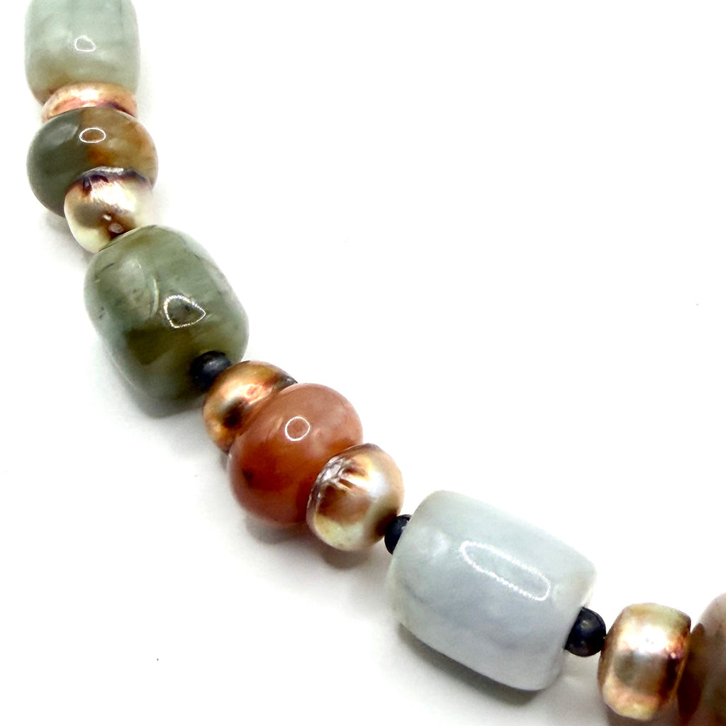 Vintage 90s Multi Jade Keshi Pearl Sterling Toggle Choker Necklace