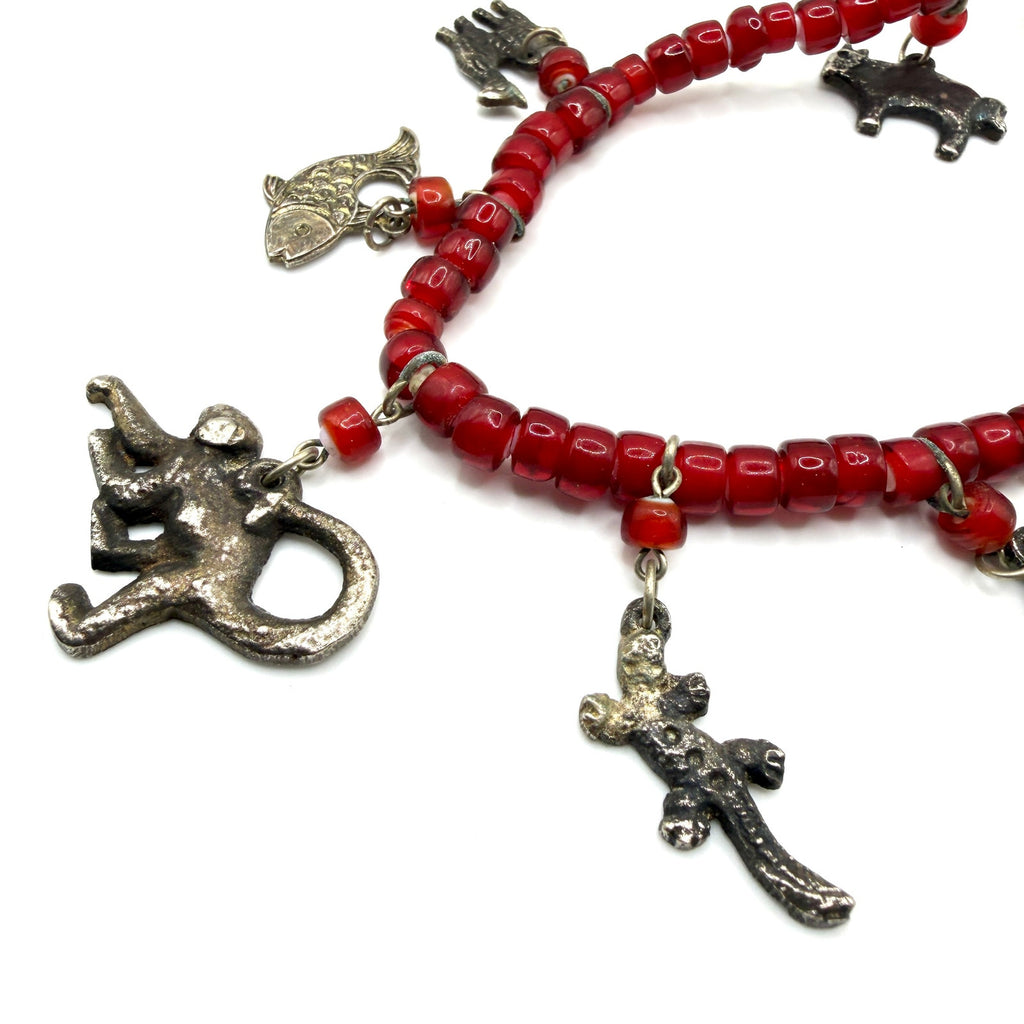 Vintage 90s Red Glass Beaded Safari Animal Multi Charm Necklace