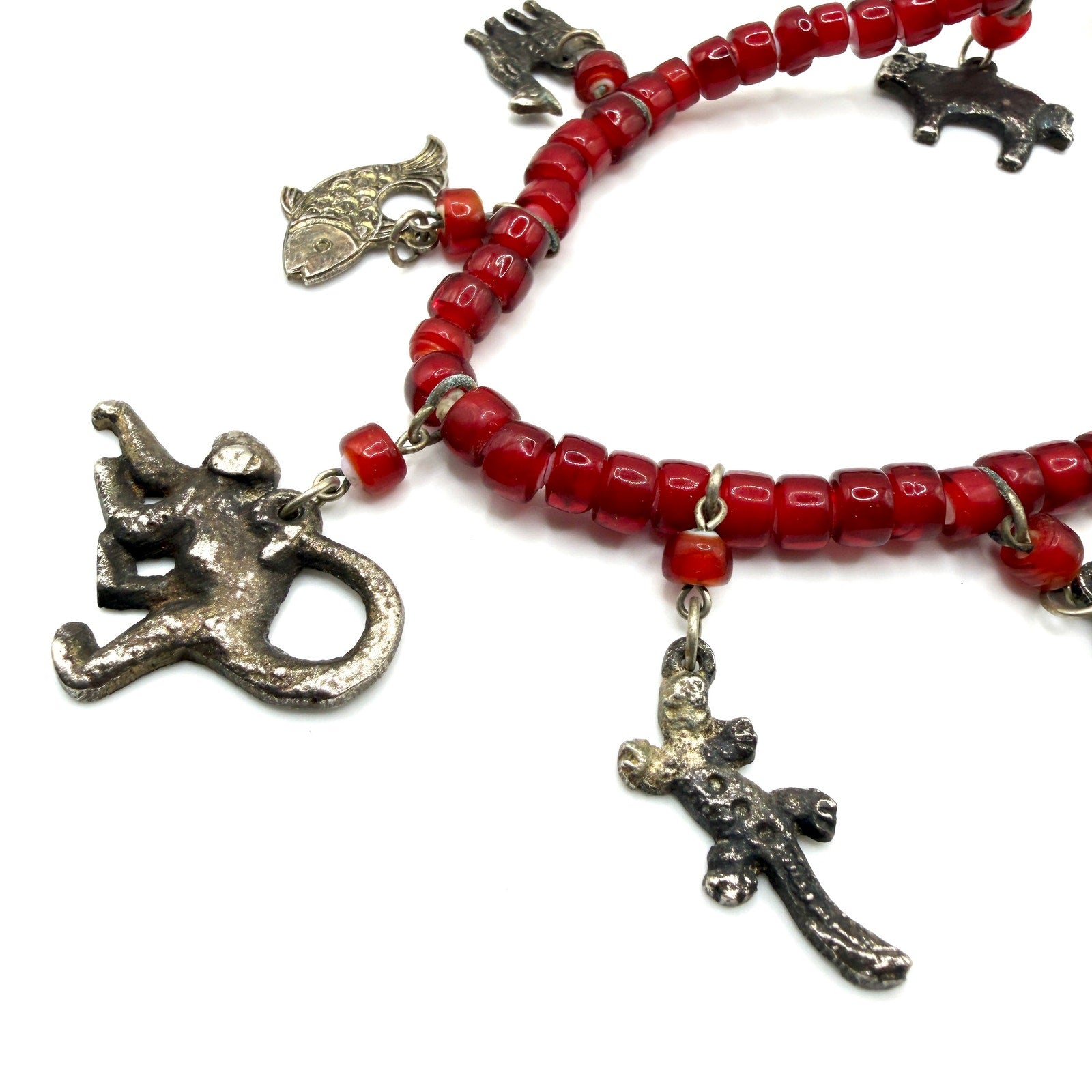Vintage 90s Red Glass Beaded Safari Animal Multi Charm Necklace