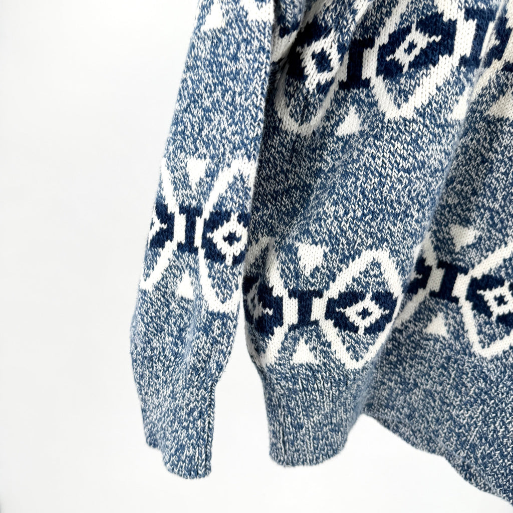 Vintage 90s Claiborne Blue 100% Cotton Geometric Fair Isle Crewneck Sweater