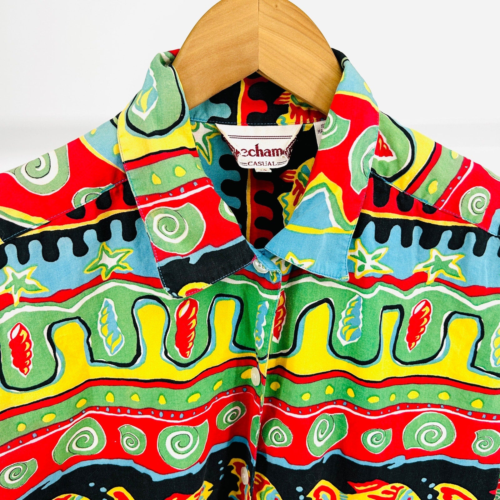 Vintage 90s Bechame Casual Multicolor 100% Cotton Fish Print Button Down Shirt