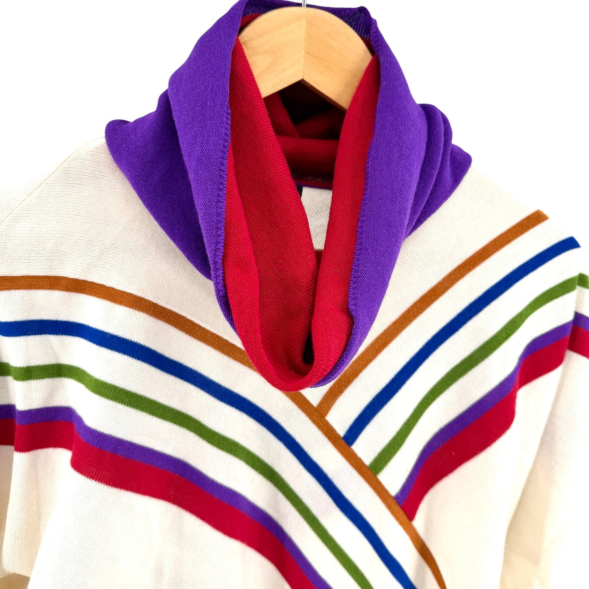 Vintage 80s Escorpion Cream Multi Stripe Graphic Cowl Neck Knit Sweater
