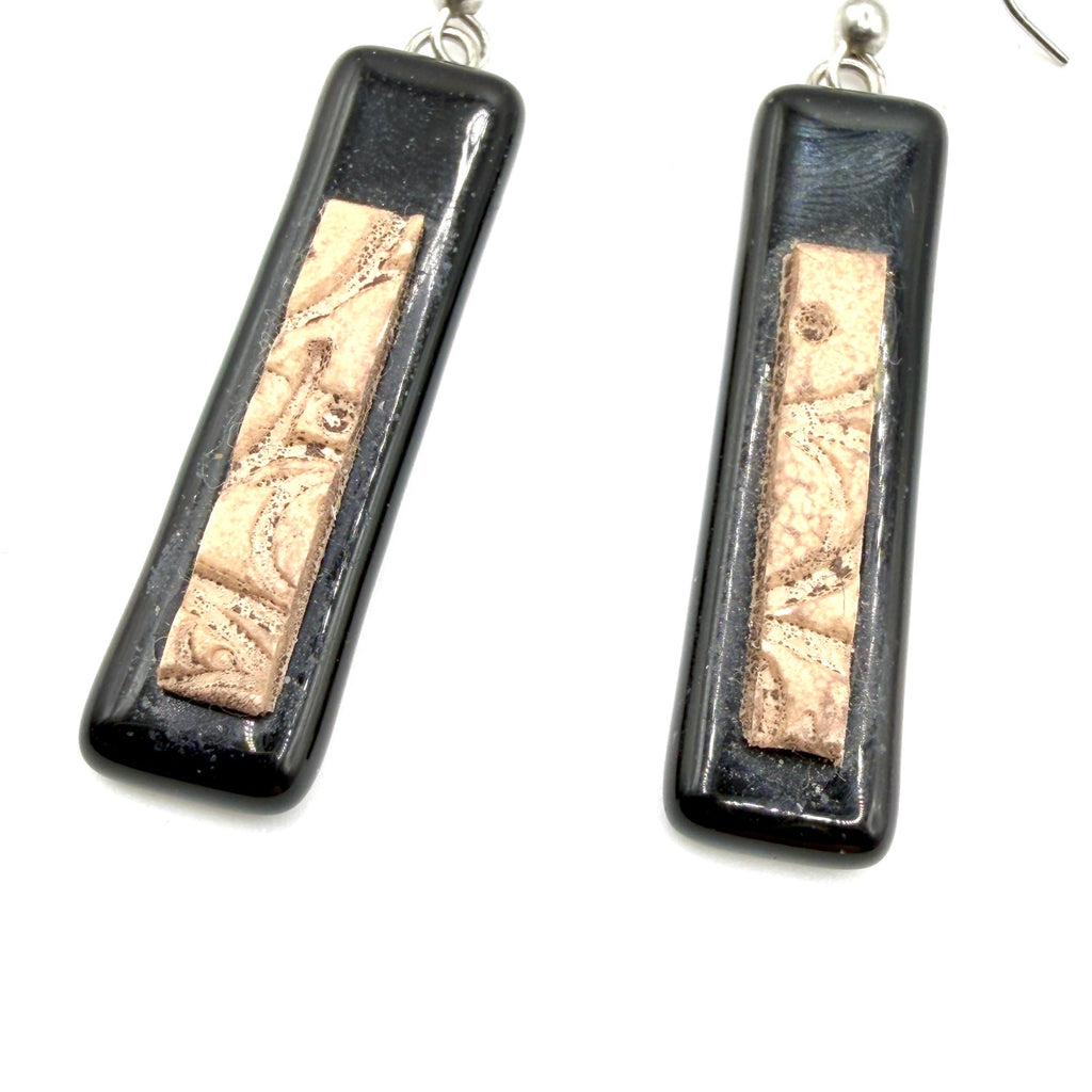 Vintage 90s Black Beige Fused Glass Clay Textured Inlay Rectangle Drop Earrings