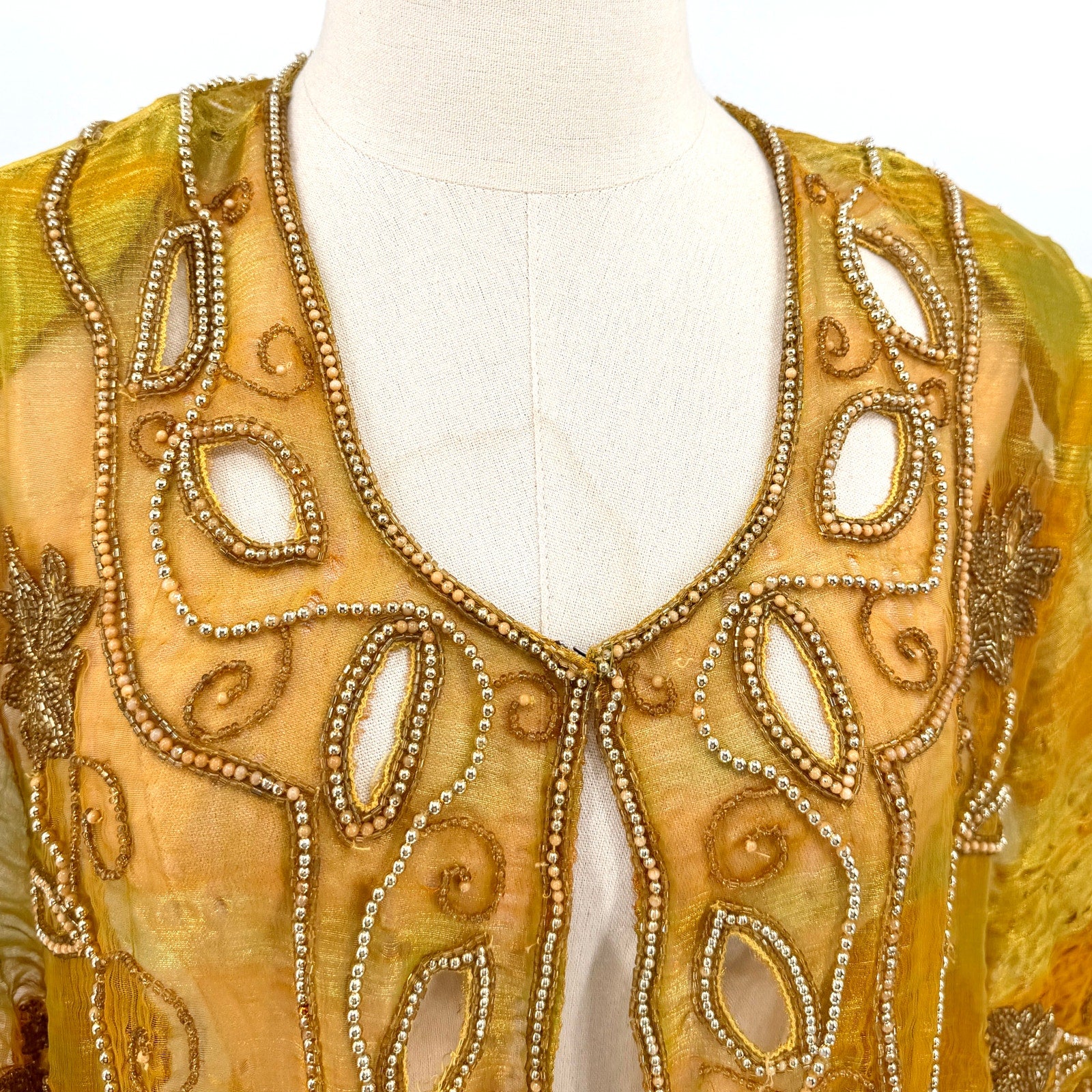 Vintage 80s Tan-Chho Green Gold Maximalist Beaded Sheer Shoulder Pad Duster