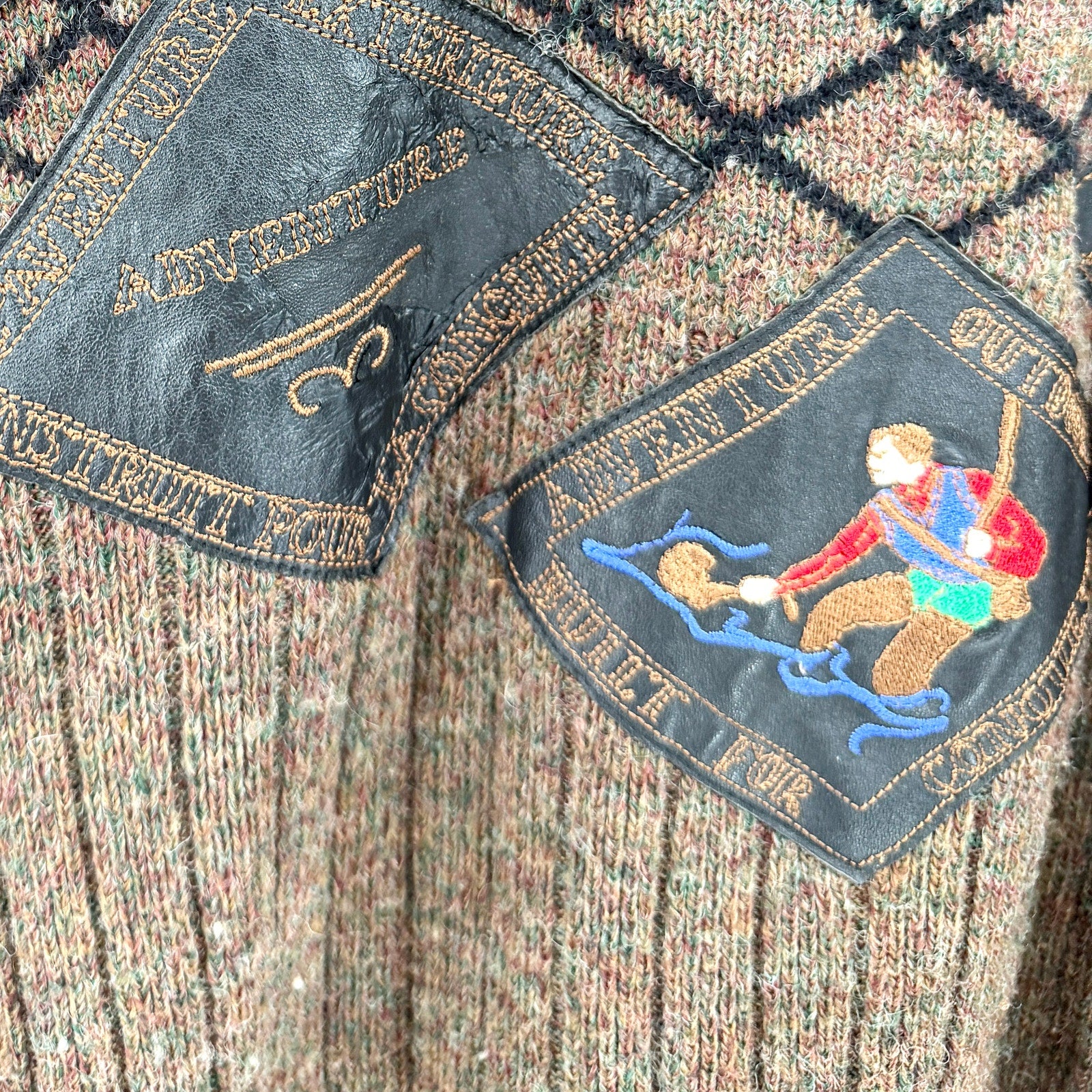Vintage 80s Guy Laurent Brown 100% Wool Outdoor Leather Patch Sweater