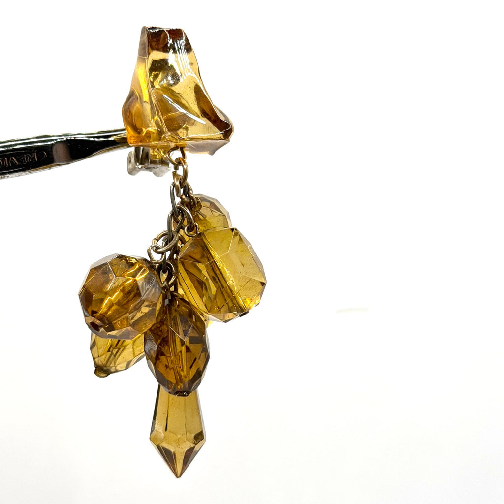 Vintage 80s Amber Lucite Massive Cluster Cascade Statement Clip On Earrings