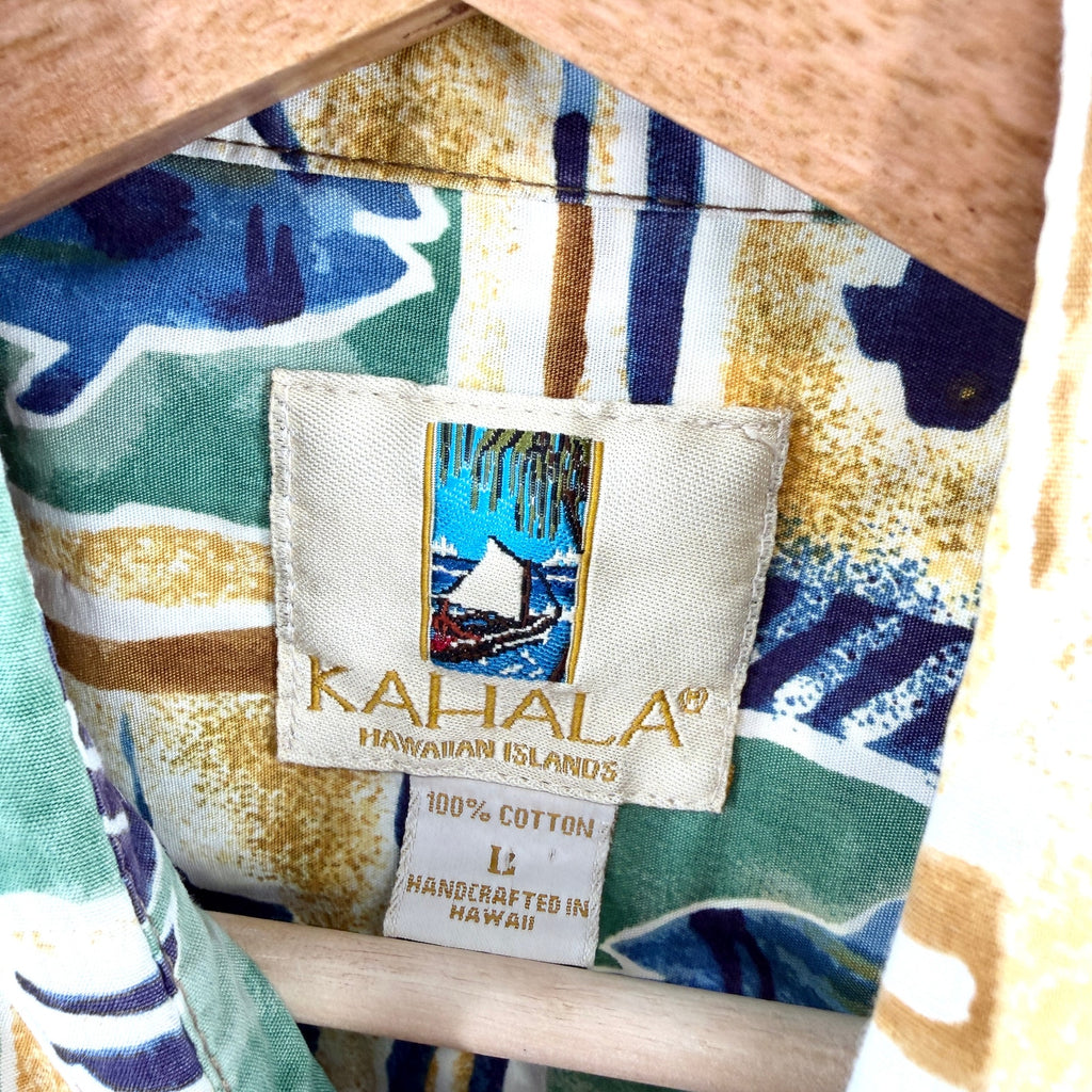 Vintage 90s Kahala Blue Green Fish Print 100% Cotton Aloha Shirt