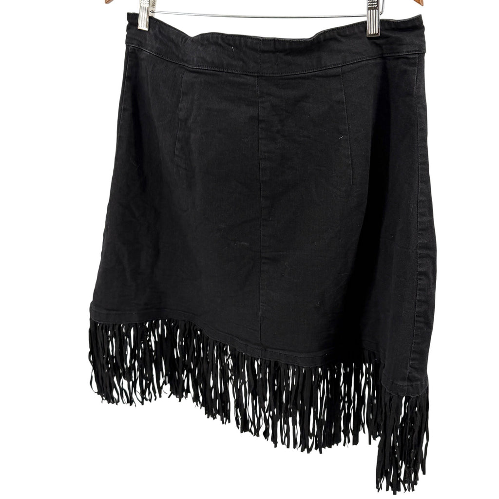 Arula Black Denim Fringe Wrap Mini Skirt