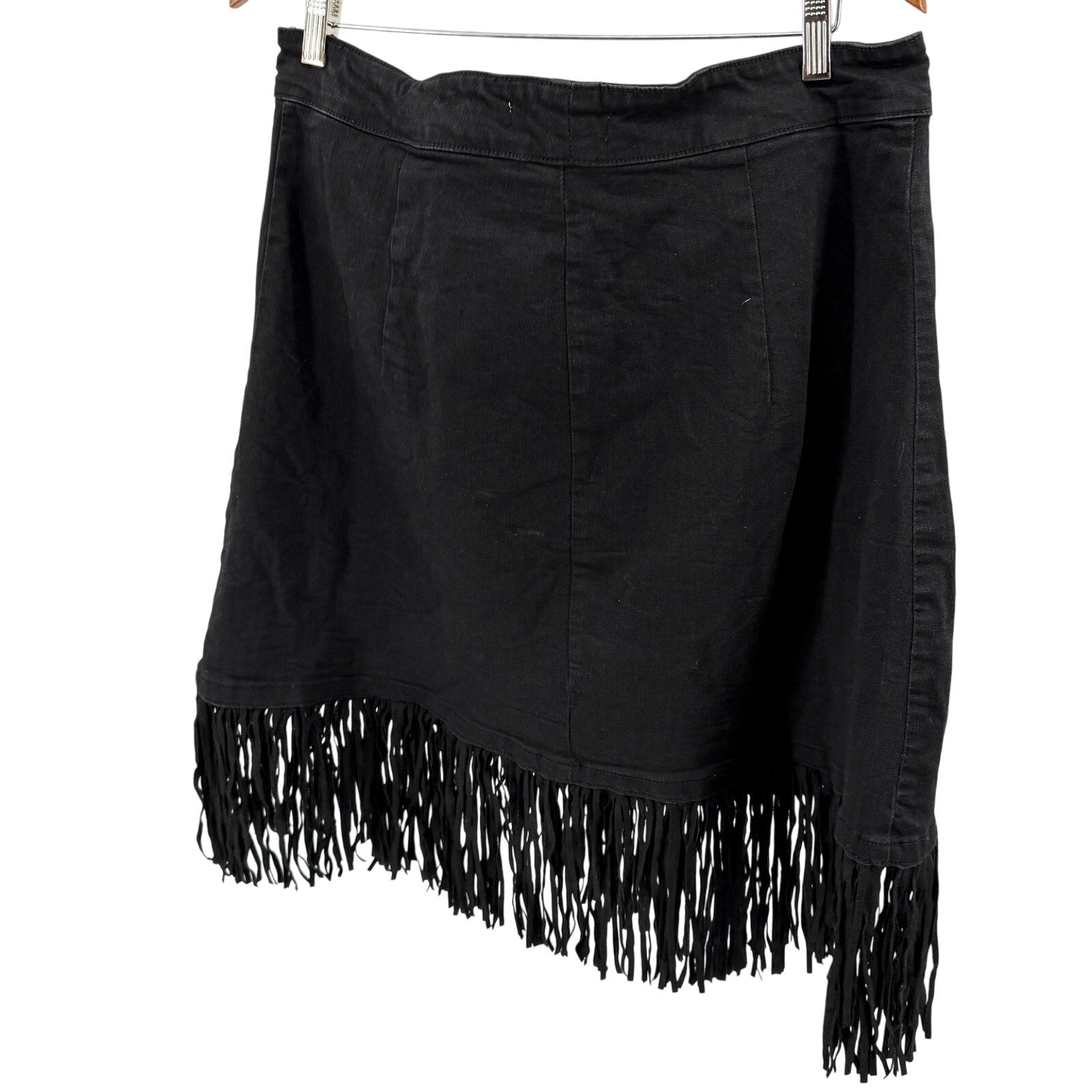 Arula Black Denim Fringe Wrap Mini Skirt