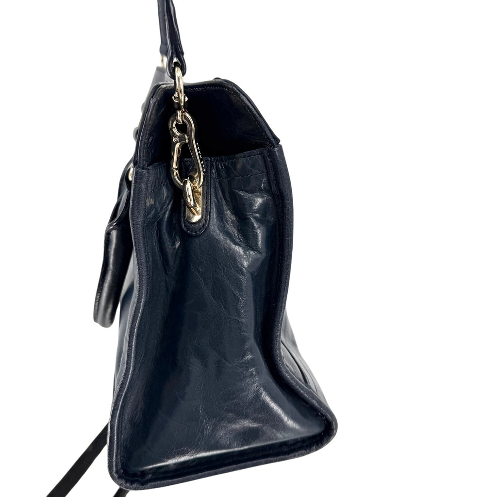 Cole Haan Navy Blue Genuine Leather Minimalist Push Lock Satchel Crossbody Bag