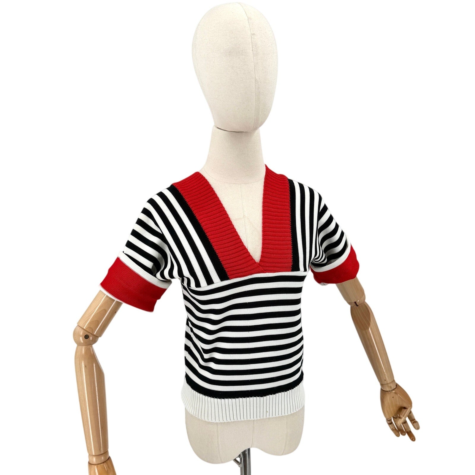 Vintage 70s Booth Bay Black White Red Stripe Nautical Knit V-Neck Sweater Top