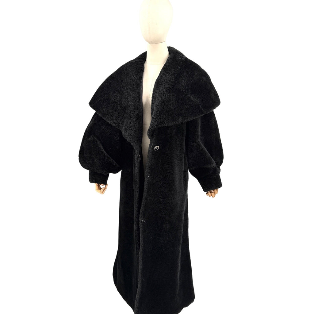 Vintage 80s Nana Creations Black Shawl Collar Balloon Sleeve Maxi Coat