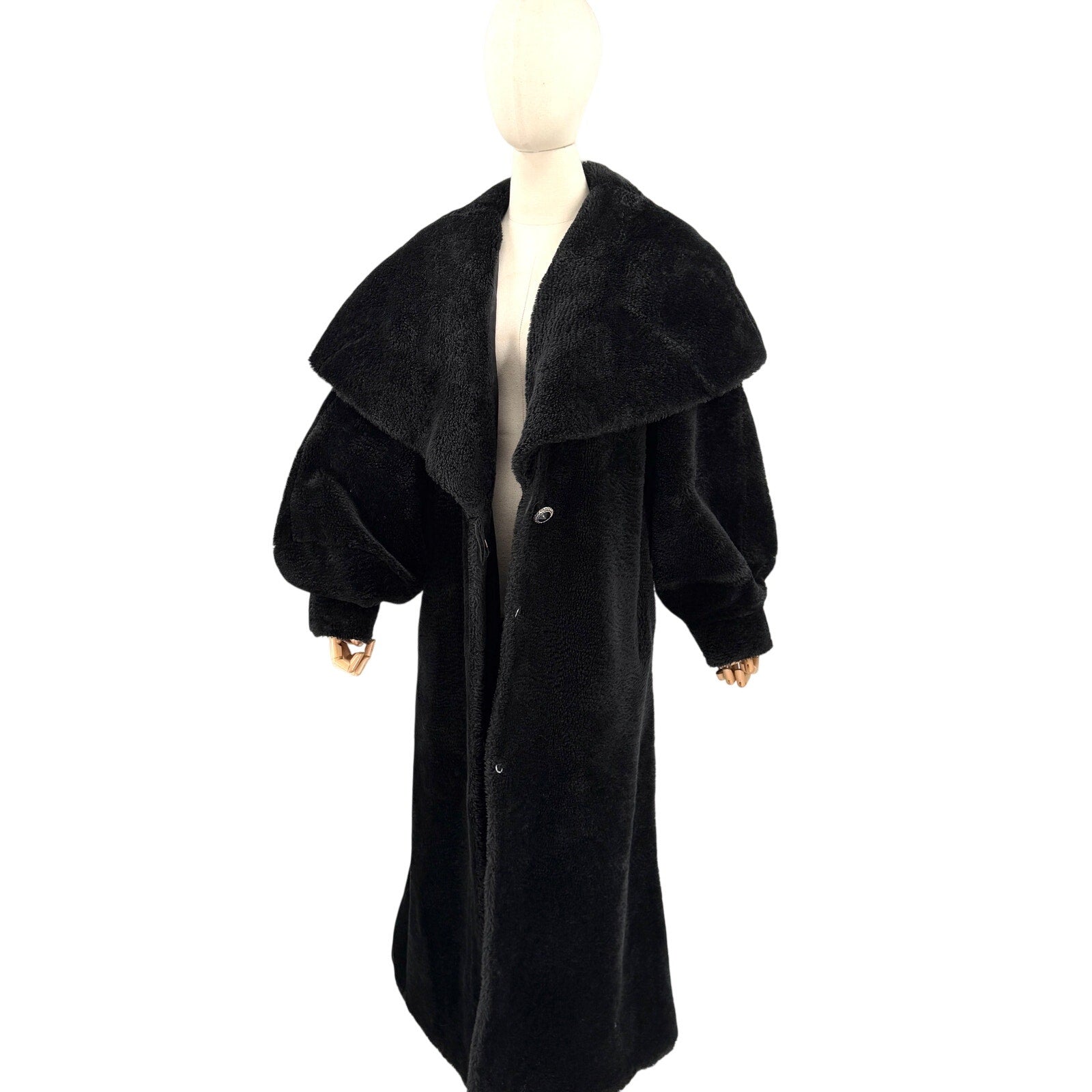 Vintage 80s Nana Creations Black Shawl Collar Balloon Sleeve Maxi Coat
