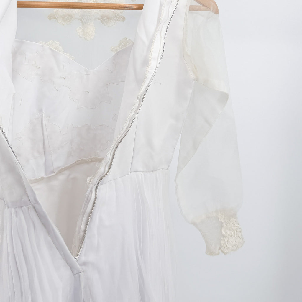 Vintage 70s Handmade White Lace Chiffon Prairie High Neck Wedding Dress Train